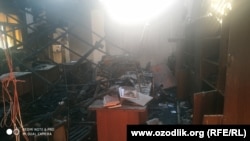 "Маҳалла" телеканали биносидаги ёнғиндан сўнг олинган сурат.