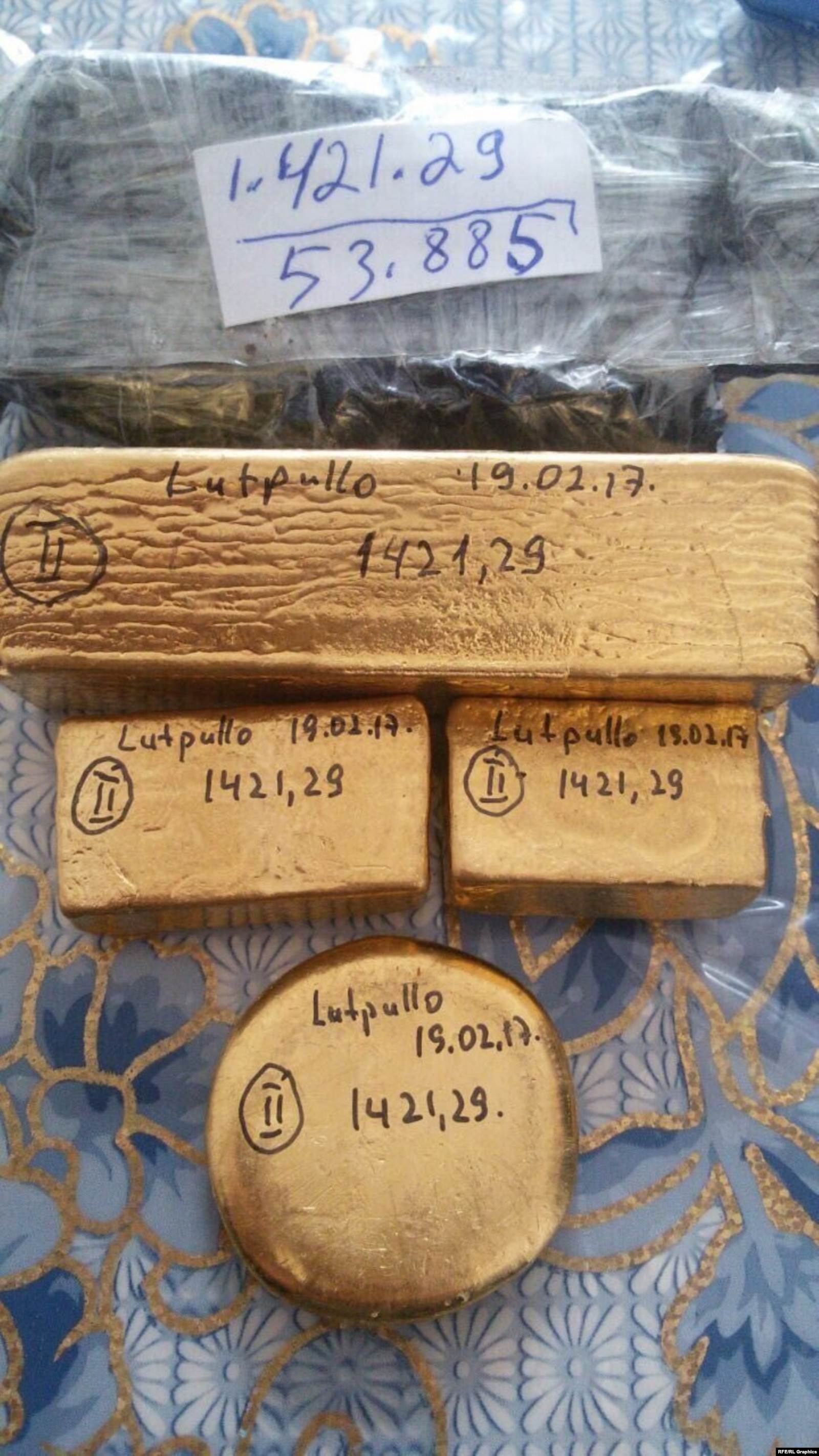 Cаймаити өз курьерлери ташыганын айткан алтын куймаларынын сүрөтү. 