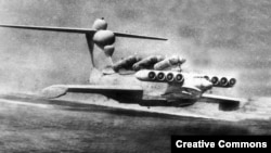 A Soviet Lun-class Ekranoplan, which was fitted with six missile launchers, during testing on the Caspian sea.