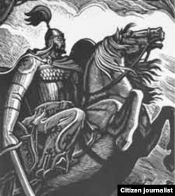 "Манас" дастанынын башкы кейипкери хан Манас. Теодор Герцен тарткан гравюра.