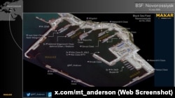 რუსეთის შავი ზღვის ფლოტის გემების მდებარეობა ნოვოროსიისკის სამხედრო ნავსადგურში. სკრინშოტი @MT_Anderson-ის X გვერდიდან.