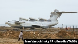 A Soviet-made Lun-class Ekranoplan on the coast of Russia’s Daghestan region in 2024. The craft is due to serve as the centerpiece of a “Patriotic Park” currently being built near Derbent.