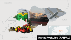 Кыргызстандын картасына ыкталып жасалган альтернативдик үч каттам - темир жолу, деңиз жолу жана аба жолу. Иллюстрациялык сүрөт.