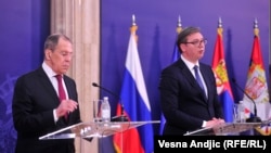 Сергей Лавров и Александър Вучич по време на пресконференцията им в Белград