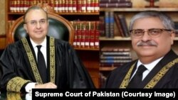 قاضي منصور علي شاه (کیڼ لوري ته) او قاضي اطهر من الله نوی اییني ترمیم د عدلیې پر خپلواکۍ ګوزار بللی دی - انځور له ارشیفه.