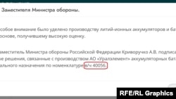 Un mesaj pe site-ul Uralelement arată că Krivoruchko „a semnat decizii importante legate de producția de baterii speciale de către Uralelement pentru unitatea militară 40056”.