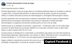 Postare pe pagina de Facebook a Primăriei Curtea de Argeș, din iulie 2025, care anunță lucrările la barajul Vidraru.
