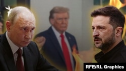 Владимир Зеленский (справа), Дональд Трамп и Владимир Путин (слева). Коллаж