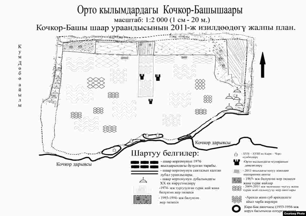 очкор-Башы: "Төрт-Күл" шаар чалдыбарынын схемалык турпаты. 2011. - Нарын облусунун Кочкор өрөөнүндөгү Кум-Дөбө айылында байыркы Кочкор-Башы шаарынын орду болгон "Төрт-Күл" чалдыбарынын схемалык сыпатталышы. Археолог Ороз Солтобаев "Азаттыкка" белек кылган сүрөт. 01.7.2011.