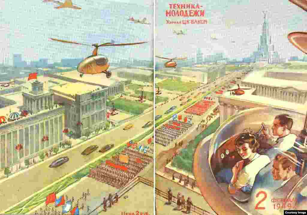 Personal helicopters with some questionable engineering attributes hover above a propaganda march in Moscow.