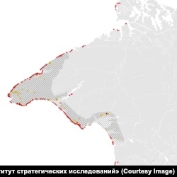 Загальна карта російських фортифікацій західного узбережжя Криму, складена моніторинговою групою «Кримського інституту стратегічних досліджень»