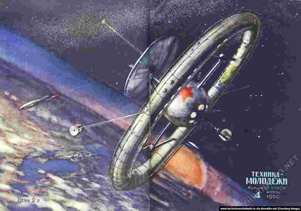 An orbiting space station illustrated on a 1950 cover, 48 years before the launch of the International Space Station (ISS). &nbsp;